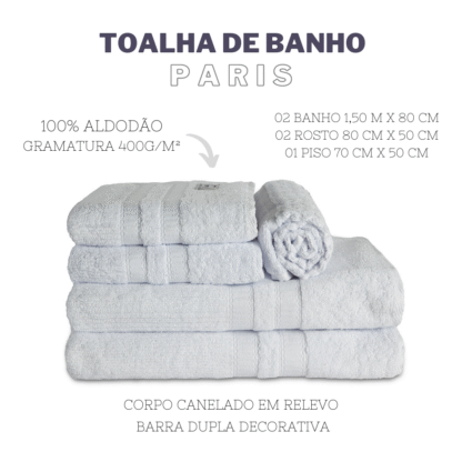 Jogo de Toalha Completo 5 Pçs de Banho, Rosto e Piso Paris Branco - Imagem 6