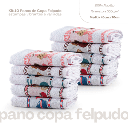 Kit 10 Panos de Copa Prato Cozinha Felpudo Estampado Sortido - Imagem 5
