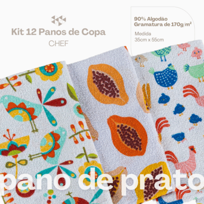 Kit 12 Panos de Copa Prato para Cozinha Chef 35x55 Estampado - Imagem 3